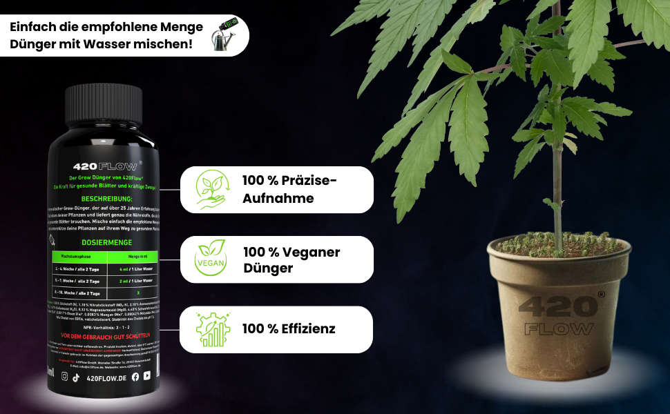 420flow Grow-Dünger mit Dosierung, veganer Formel und effizienter Nährstoffaufnahme für kräftiges Blatt- und Zweigwachstum