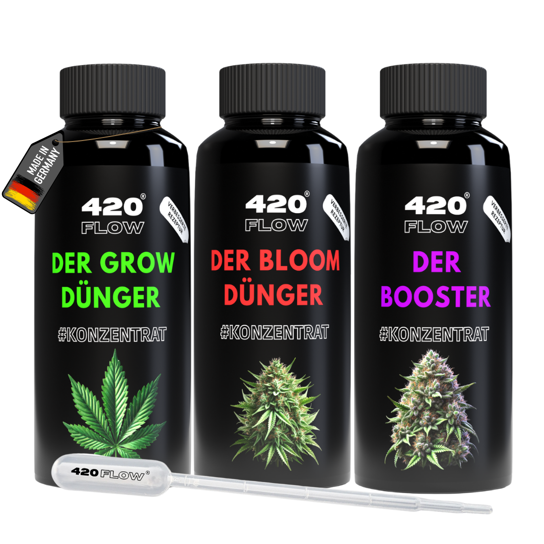 Das 420Flow Dünger-Set bestehend aus Grow-, Bloom- und Booster-Konzentraten, entwickelt in Deutschland für maximale Hanfpflanzen-Power