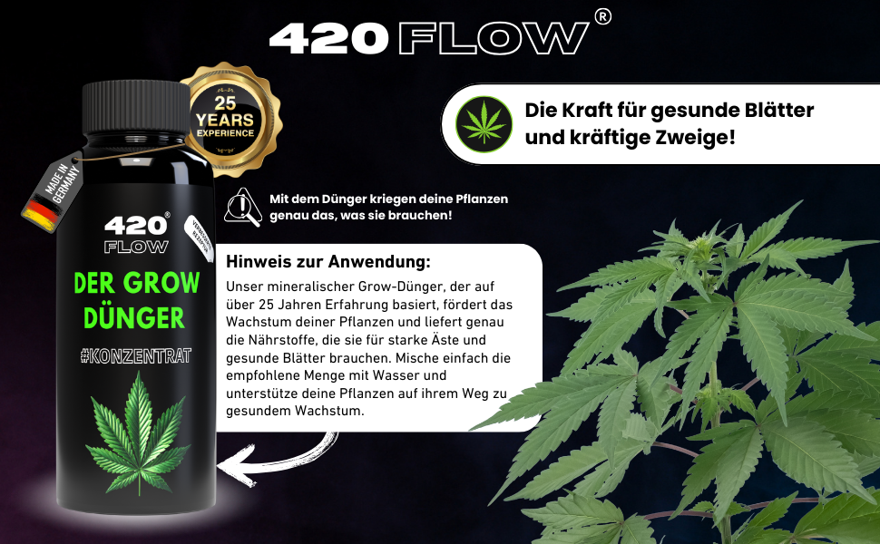 420Flow Growdünger Anwendung – Perfekte Nährstoffversorgung für starke Cannabiszweige und gesunde Blätter bei Hanfpflanzen.