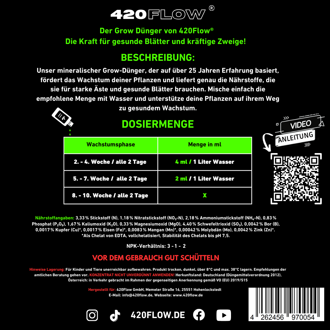 Dosieranleitung und Nährstoffangaben für 420Flow Grow Dünger zur optimalen Versorgung von Cannabispflanzen während der Wachstumsphase