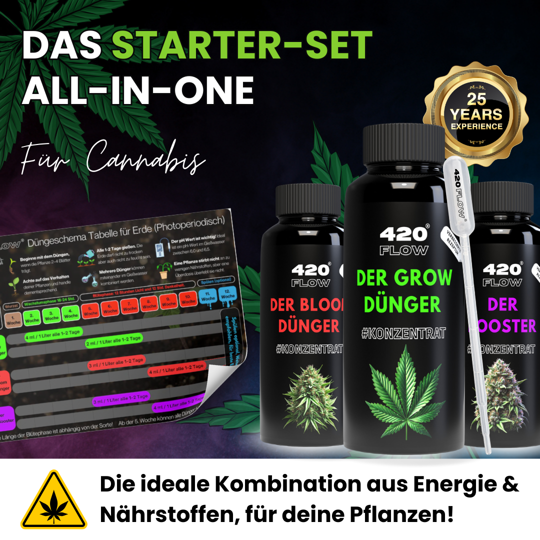 420Flow Starter-Set All-in-One für Cannabis – perfekte Nährstoff-Kombination mit Grow, Bloom & Booster Dünger inkl. Düngeschema für Hanfzüchter.