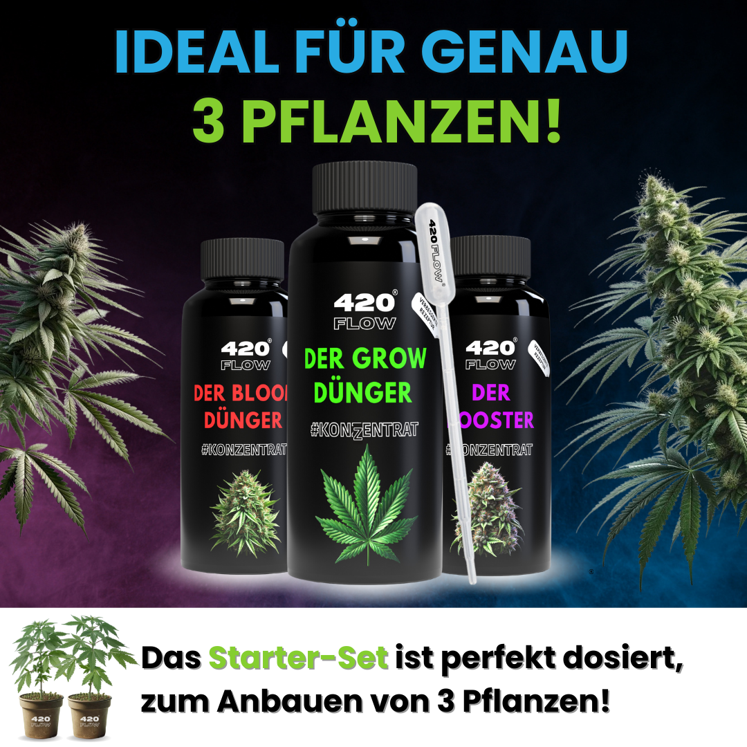 420Flow Starter-Set für 3 Cannabispflanzen – perfekt dosierter Dünger-Mix aus Grow, Bloom und Booster für optimales Wachstum und Ertrag.