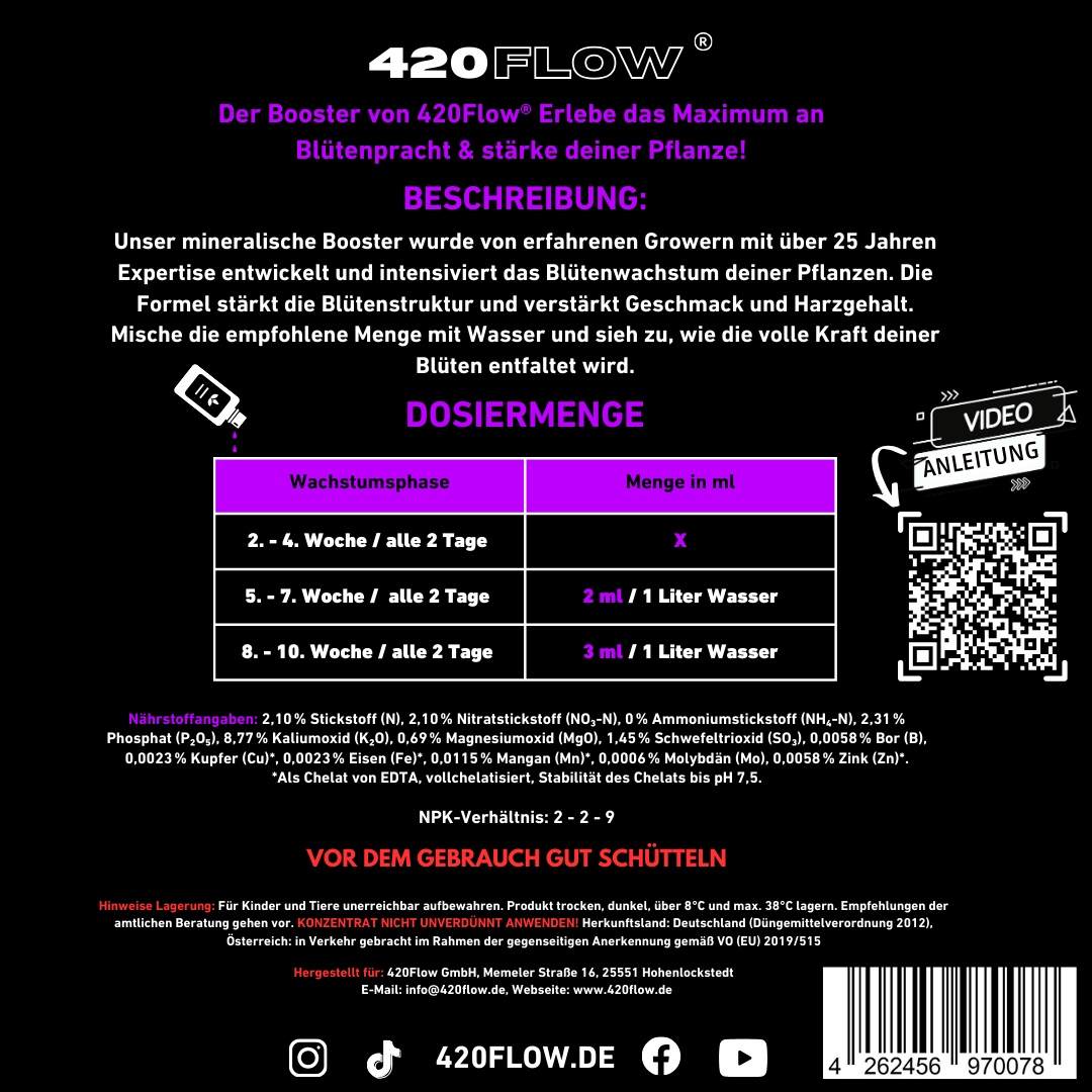 420flow Booster-Etikett mit Dosierung, Nährstoffwerten, Anwendungshinweis und QR-Code zur Videoanleitung für Grower