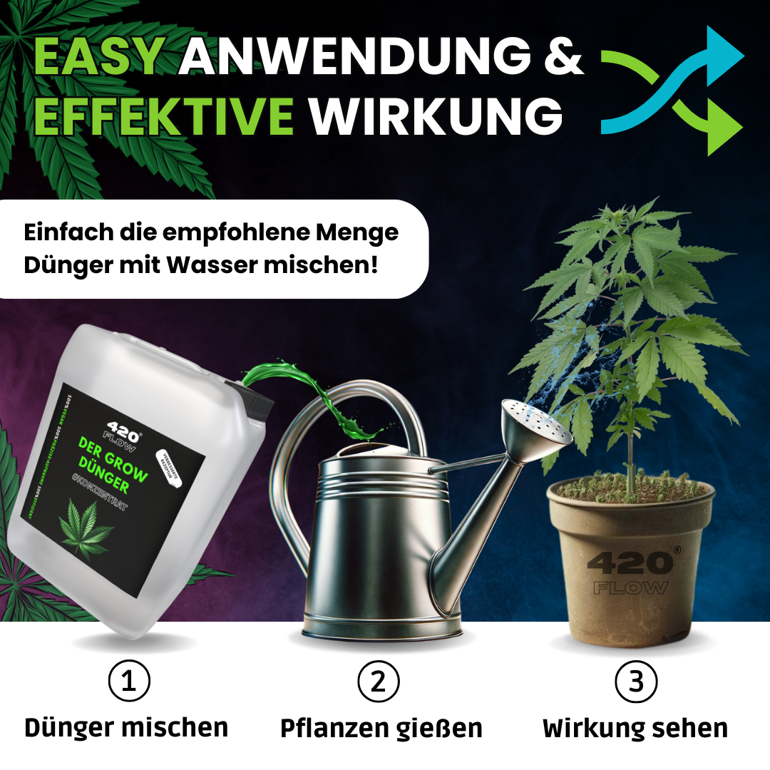 Einfache Anwendung vom 420Flow Grow Dünger: mischen, gießen, Wirkung am Hanf sehen