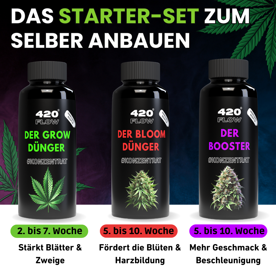 Das 420Flow Starter-Set mit Grow-, Bloom- und Booster-Dünger für den erfolgreichen Eigenanbau von Cannabis – abgestimmt auf jede Wachstumsphase.