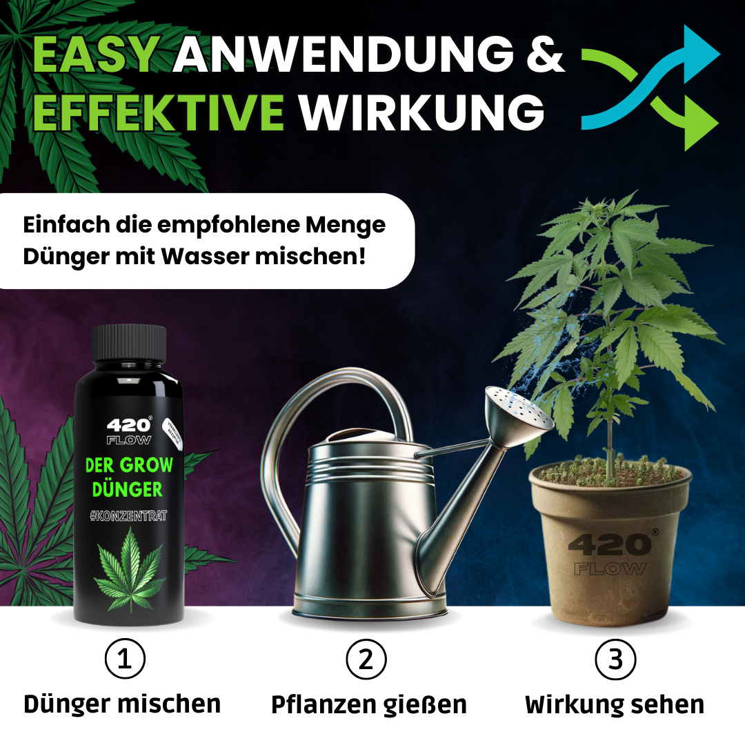Einfache Anwendung vom 420Flow Grow Dünger – Dünger mischen, Pflanzen gießen, Wirkung sehen in 3 klaren Schritten