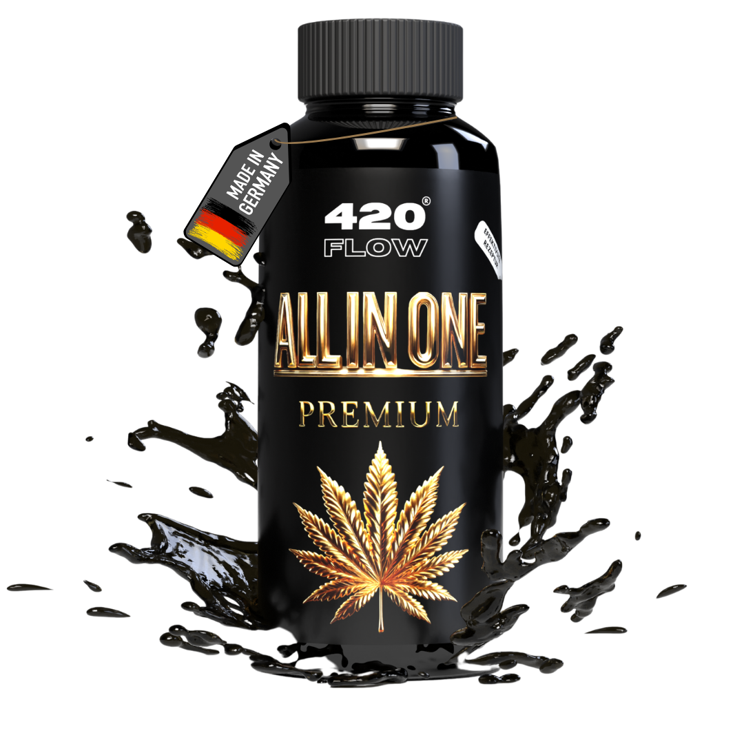 420Flow All-in-One Premium Bio-Dünger mit goldener Hanfpflanze, vor weißem Hintergrund und schwarzem Flüssigkeits-Splash – Made in Germany