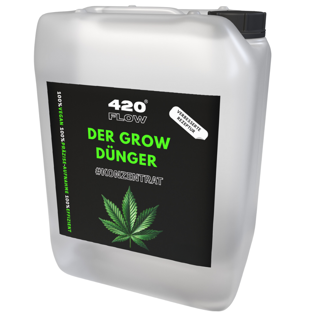 Großer 420Flow Grow Dünger Kanister mit verbesserter Rezeptur für maximales Pflanzenwachstum beim Cannabis-Anbau