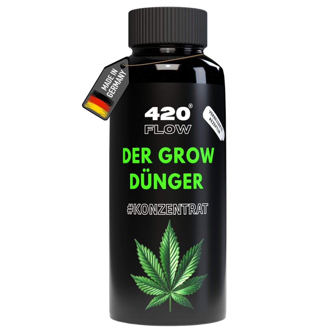 420Flow Grow Dünger Konzentrat in schwarzer Flasche mit Hanfblatt-Design – veganer Flüssigdünger für starkes Pflanzenwachstum